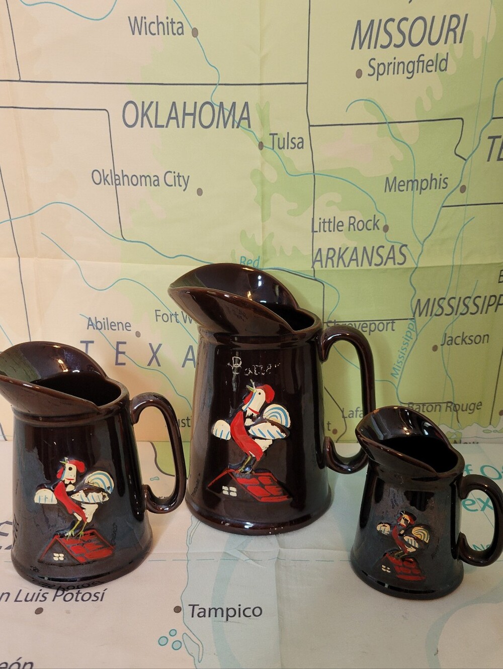 Vintage Handpainted Rooster Ceramic Pitcher Set - Dark Brown
